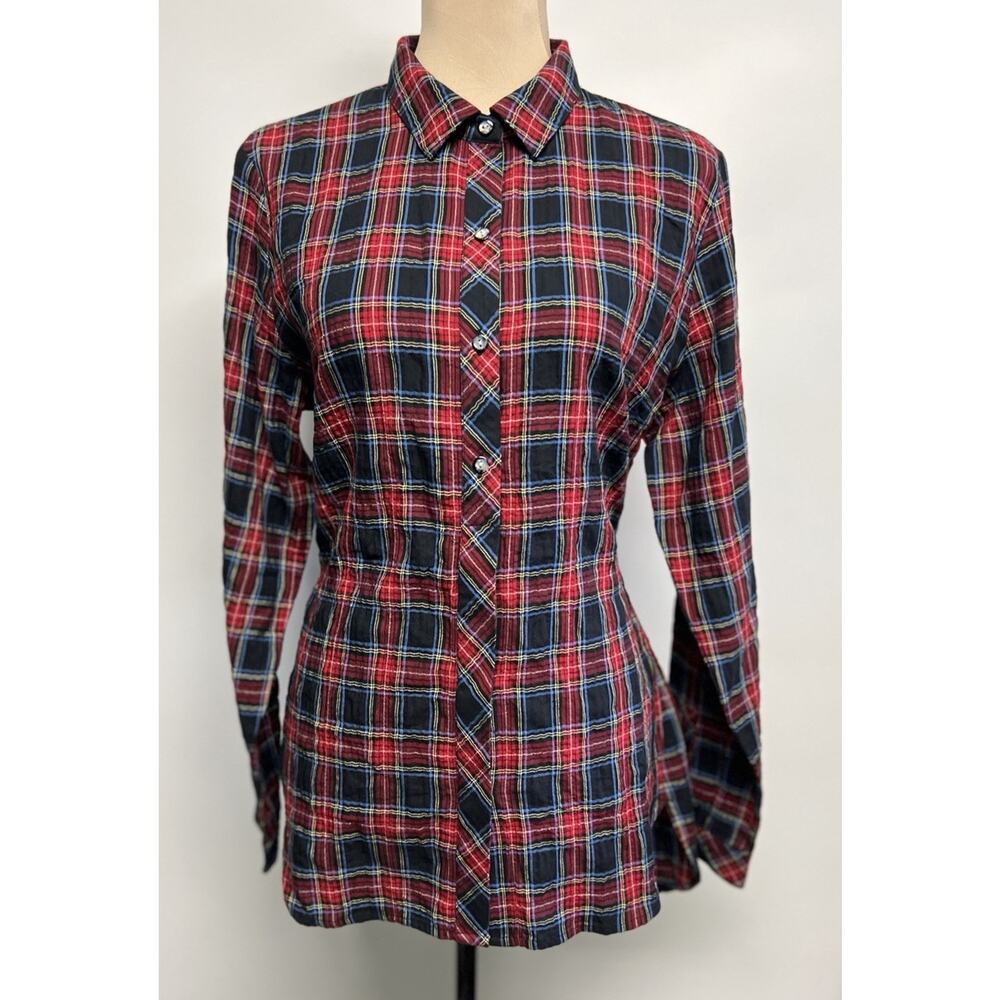 J Jill Plaid Button Down Tie Back Medium Tunic Top Red Black Preppy Holiday